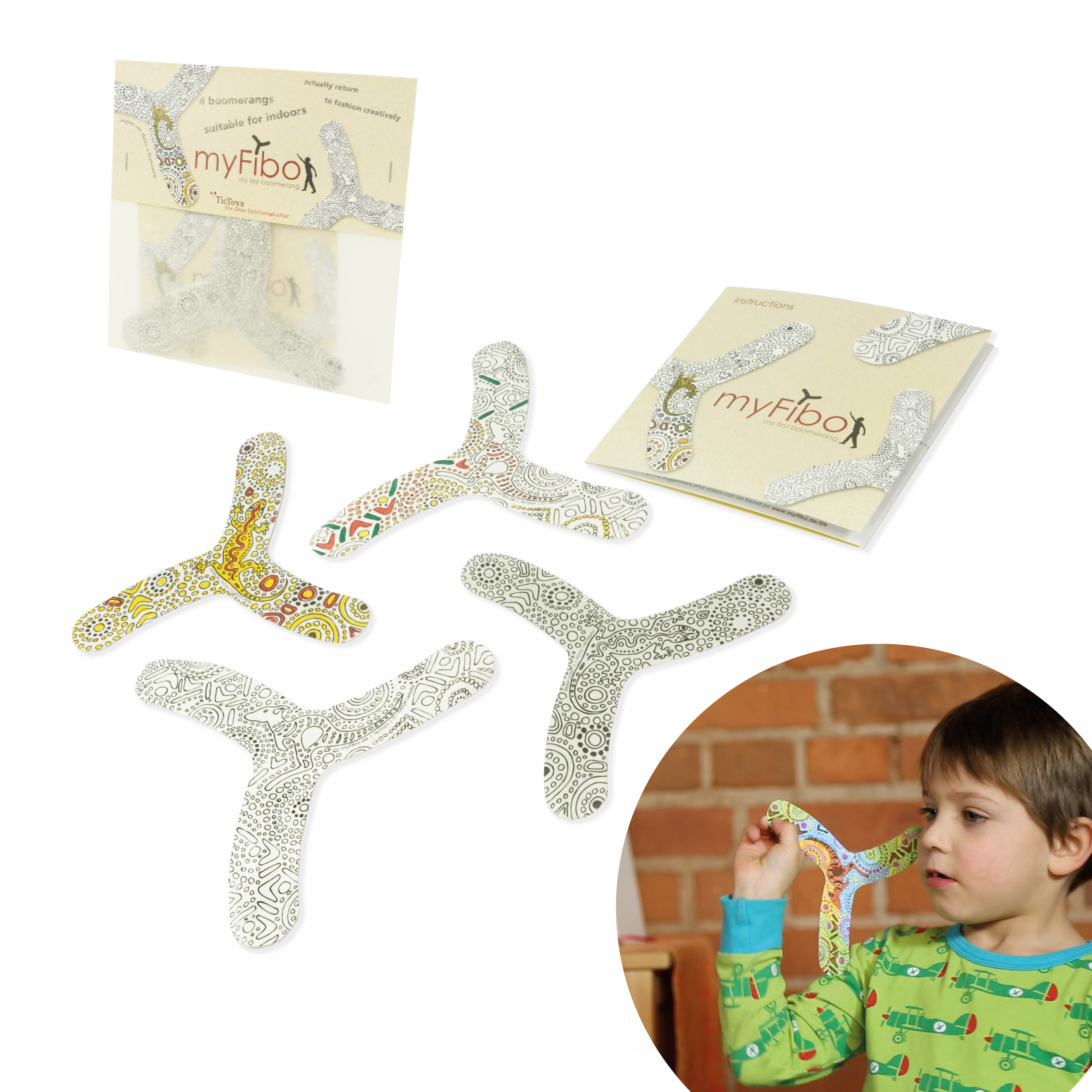 myFibo Bumerang für Kinder und Anfänger myFibo ist ein Indoor Bumerang aus Karton, der perfekt für Kinder und Anfänger jeden Alters geeignet ist. Werfen und kreativ bemalen!